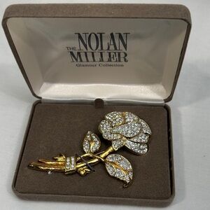 Vtg Nolan Miller Glamour Collection Gold Love Rose Rhinestone Brooch/Pin W/Box
